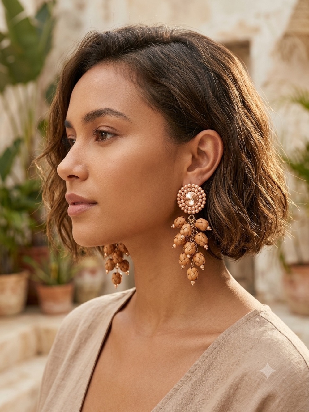 Palm Beaded Cluster Drop Earrings in Tan From Oaxaca